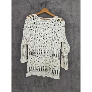 Hand Knit Top Women IVY Vintage Boho Festival White‎ Small Cotton Blend